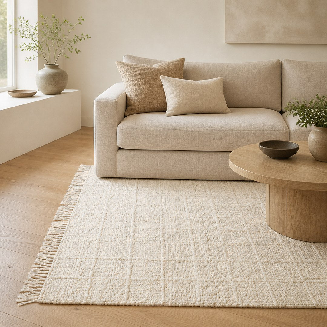 Wool rug under a linen sofa in a bright living room
