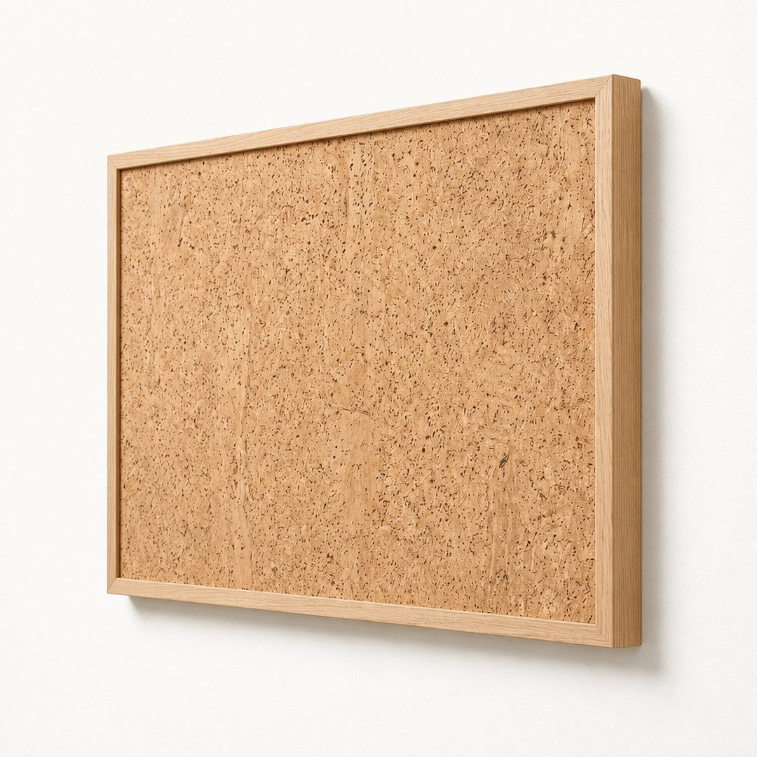 Oak frame pinboard at an angle showing the frame thickness and cork texture