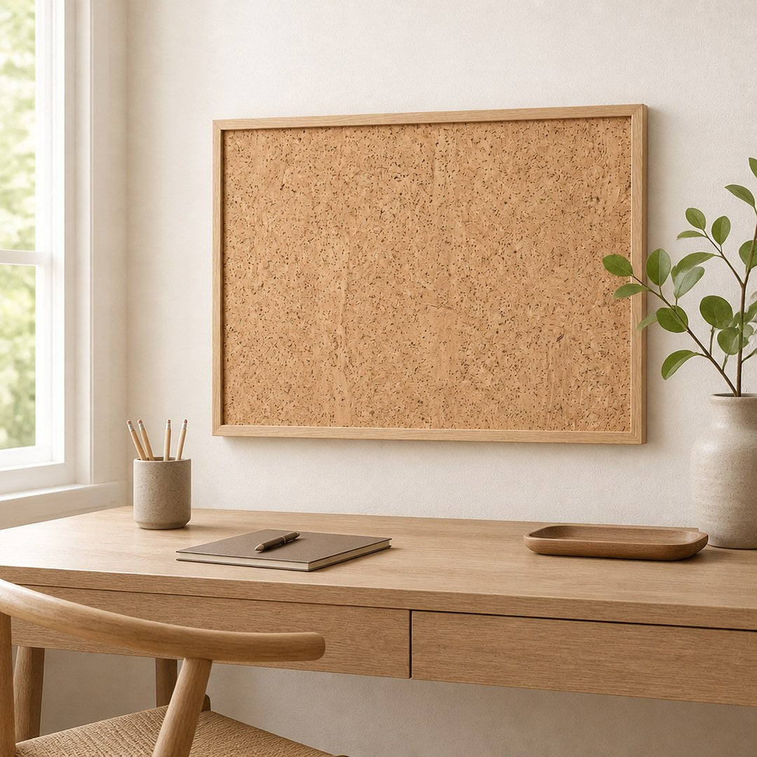 Oak frame pinboard mounted above a desk in a home office