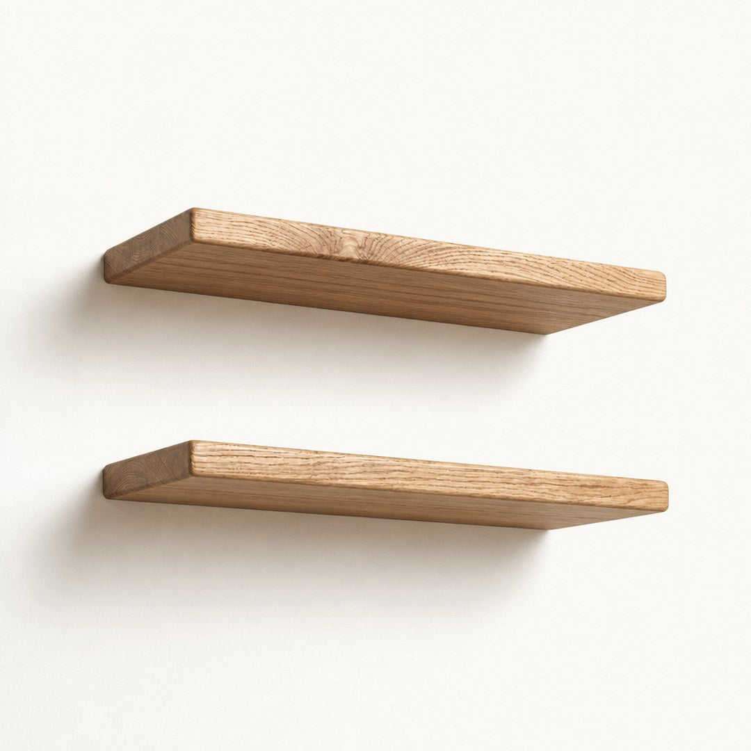 Floating shelves seen from below showing no visible brackets