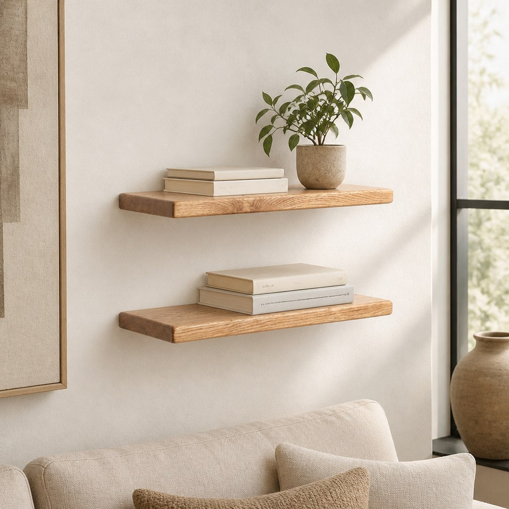 Floating shelves on a living room wall holding books and a small plant