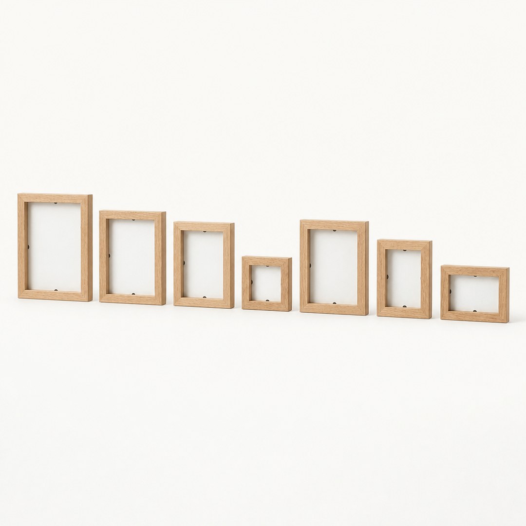 Seven gallery frames laid out separately side by side