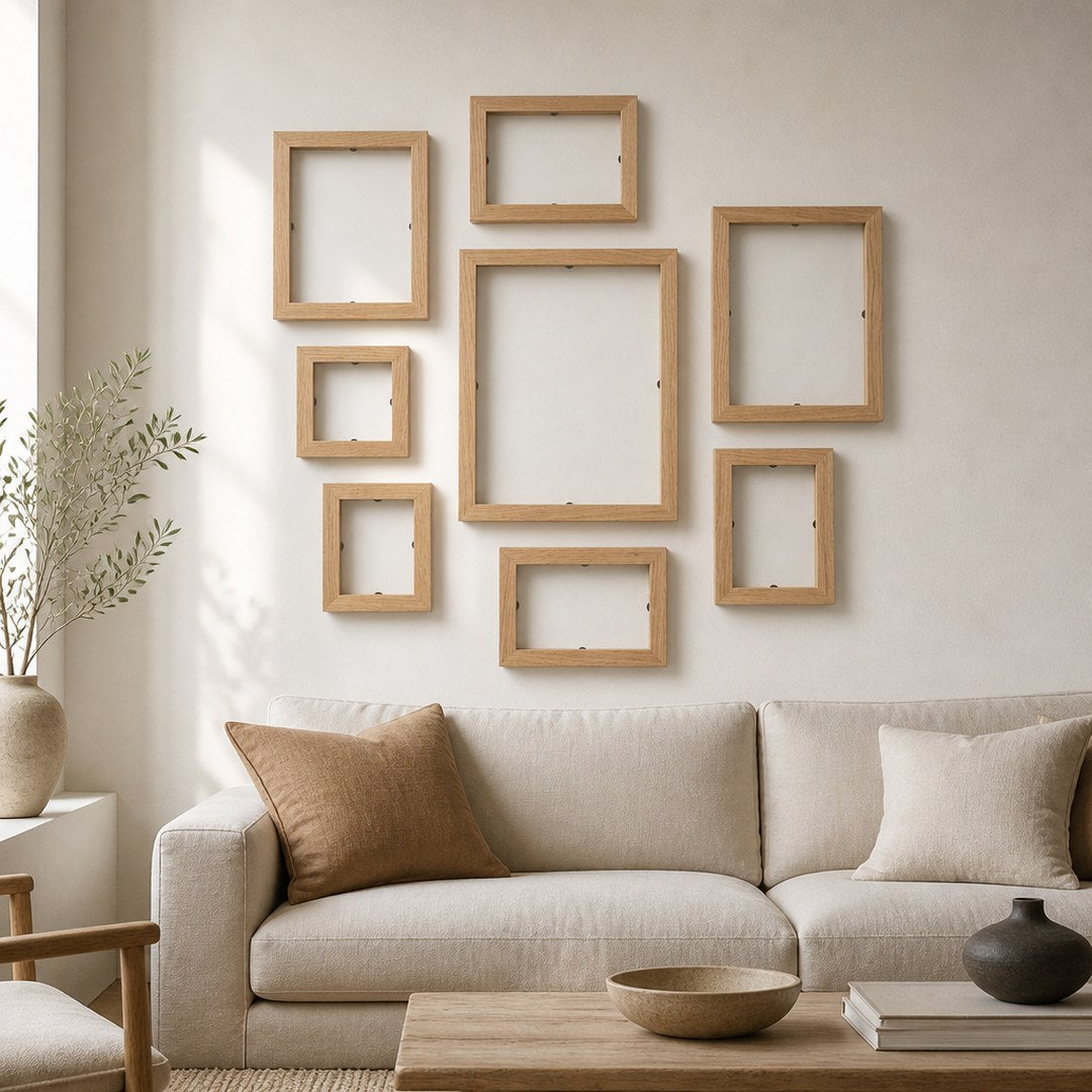 Gallery frame set arranged as a wall display above a linen sofa