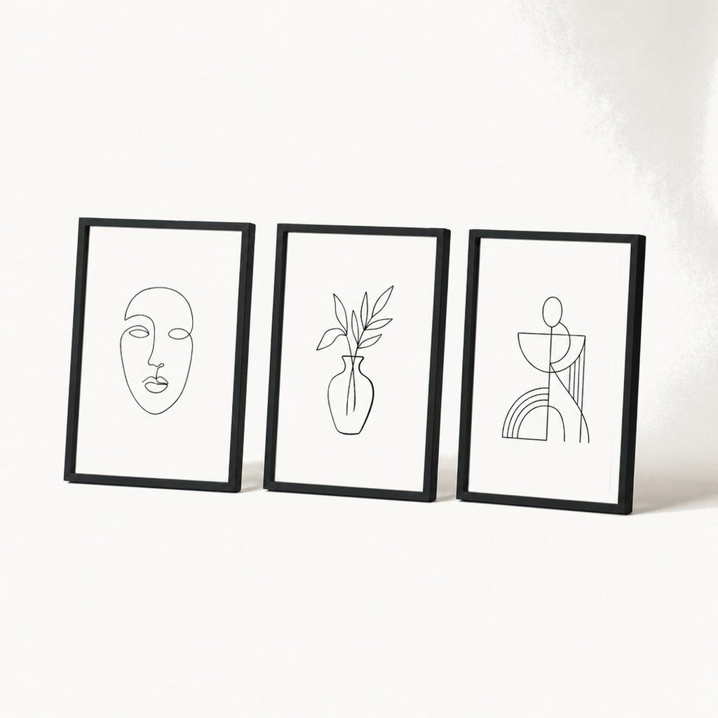 Set of three line art prints fanned side by side showing frame thickness