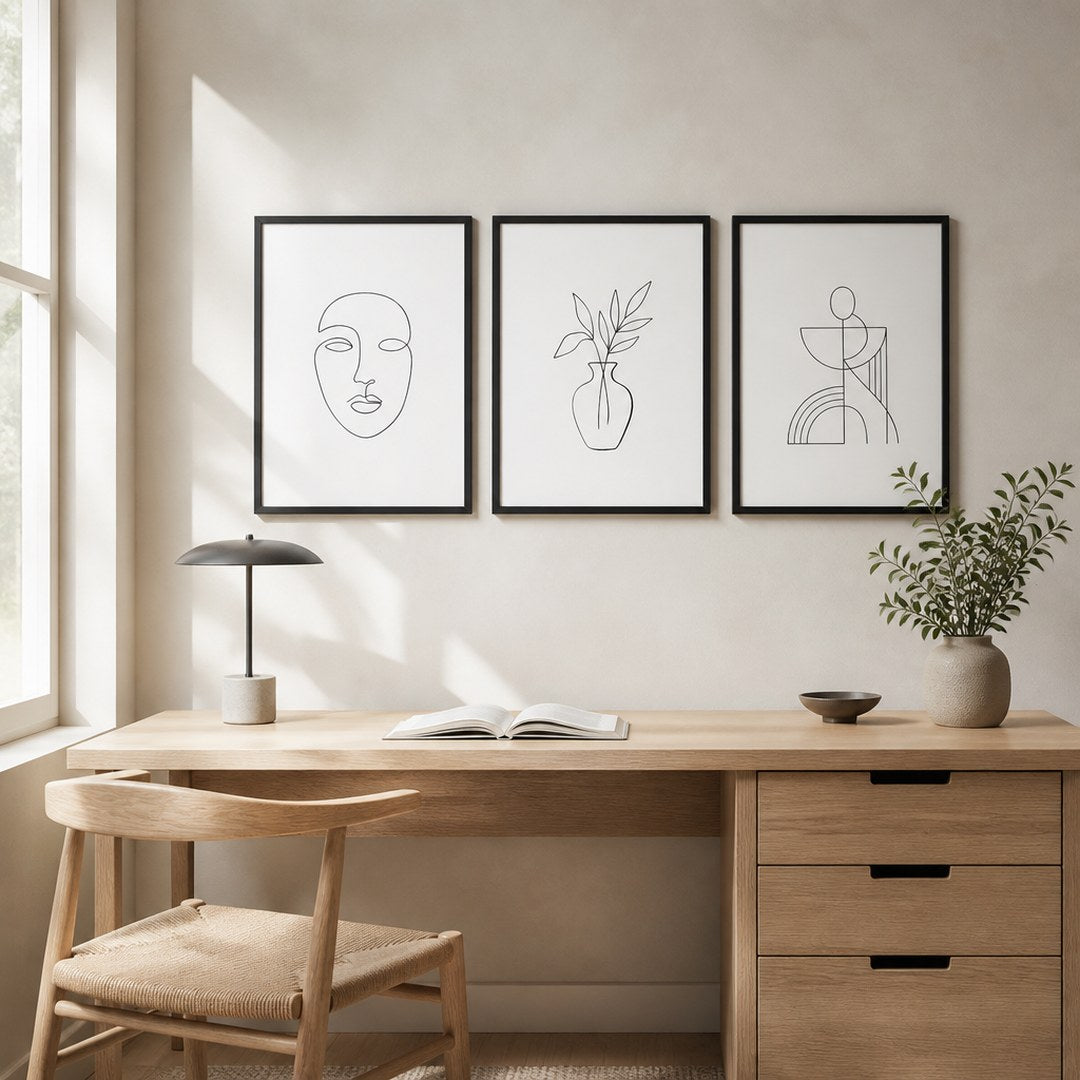 Line art print set hung in a row above an oak writing desk