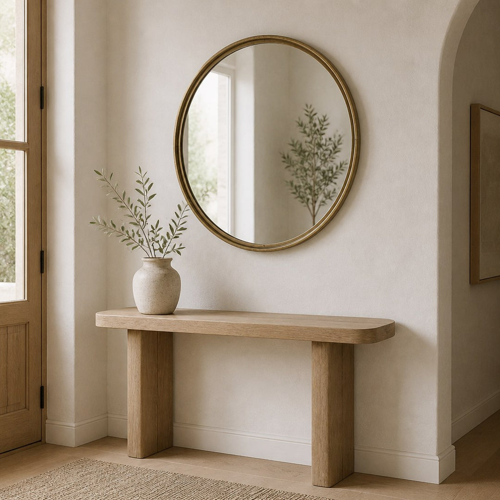 Round brass mirror hung above an entryway console table