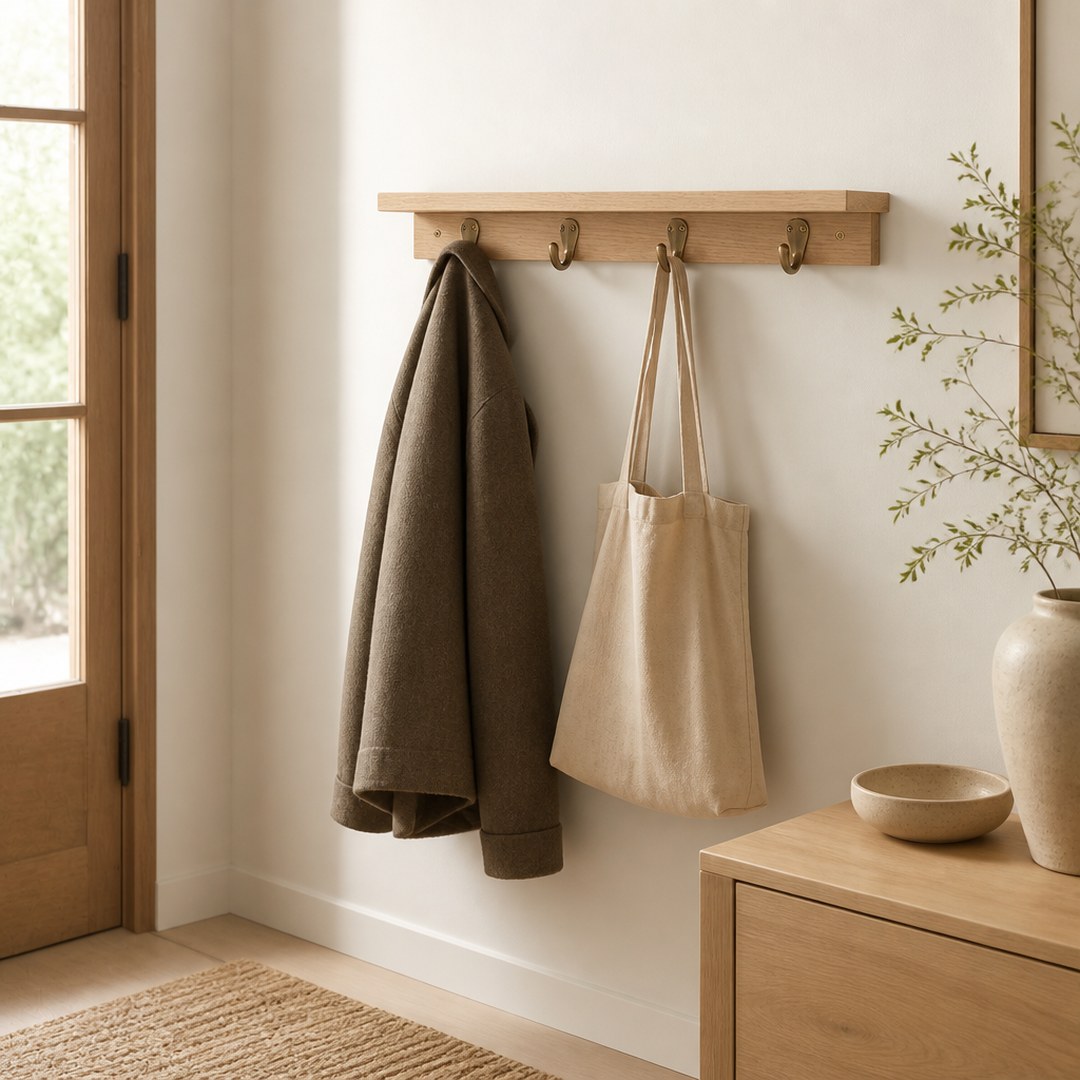 Shelf with hooks in an entryway holding a coat and a tote bag