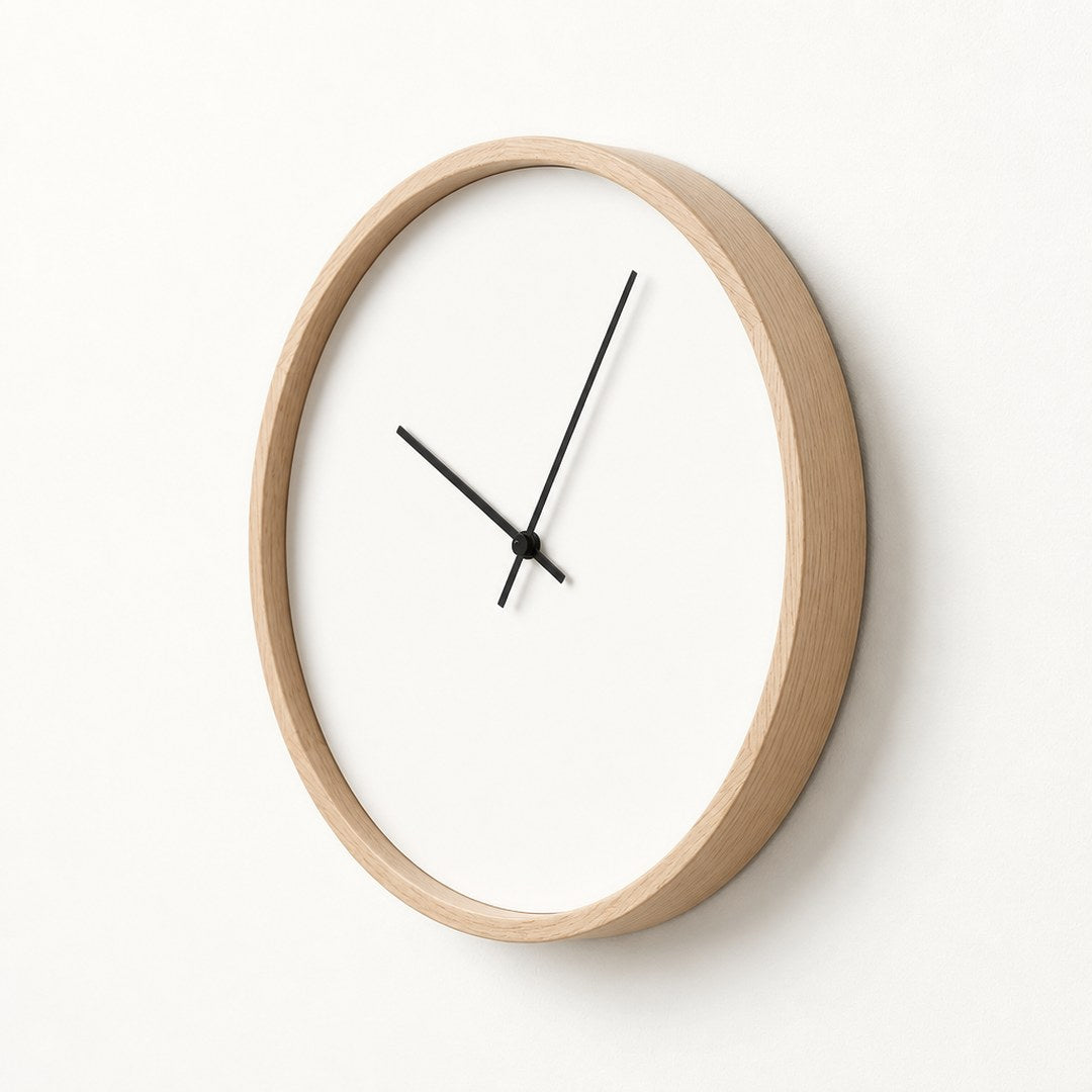 Silent wall clock at a low angle showing the slim case profile