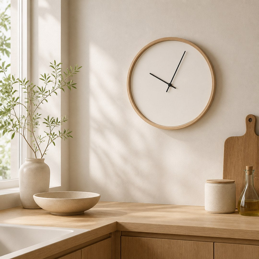 Silent wall clock mounted on a kitchen wall above an oak counter