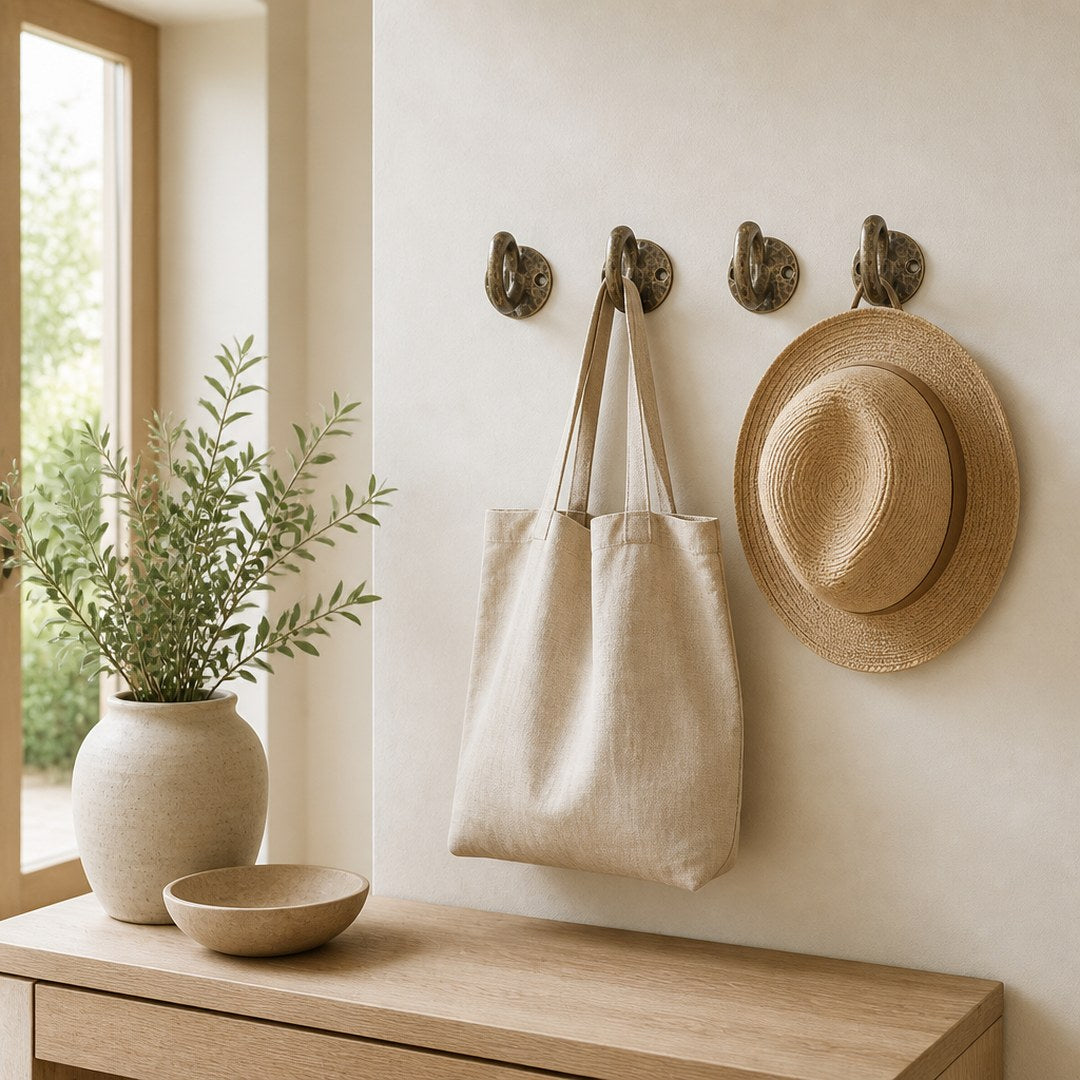 Brass wall hooks in an entryway holding a linen tote and a hat