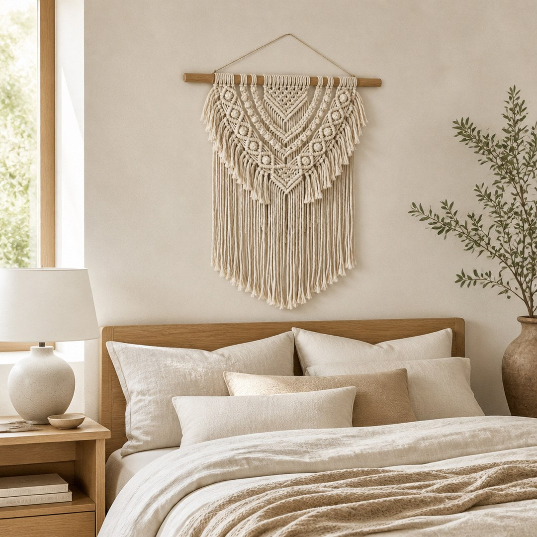 Woven wall hanging above a bed with linen bedding
